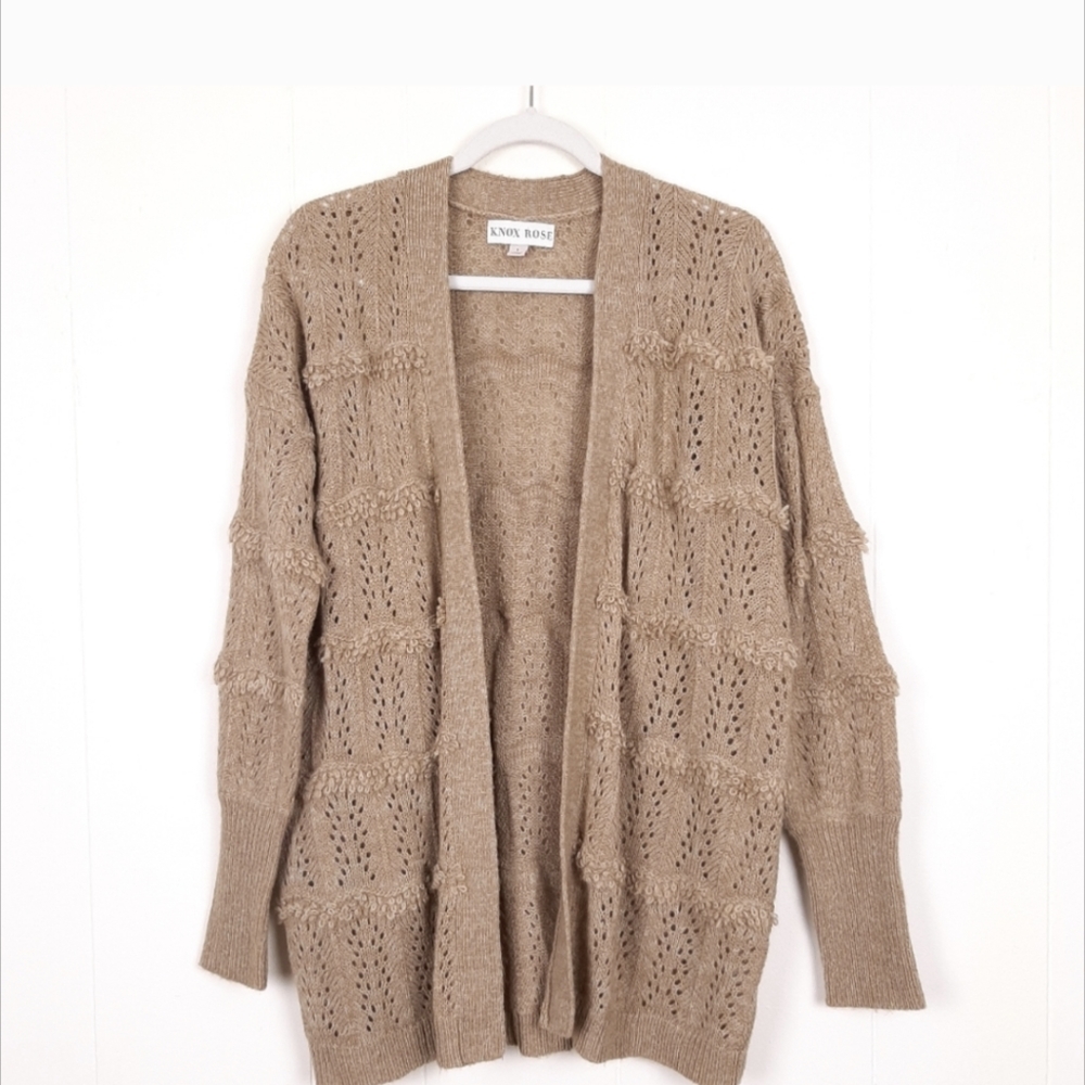 Knox Rose bohemian shag pointelle knit open front long slouchy cardigan tan fall